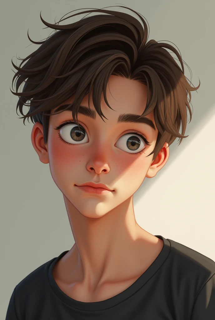 mischievous smile, short brown hair, bright eyes, fair skin, pointed features, youthful appearance.
Man