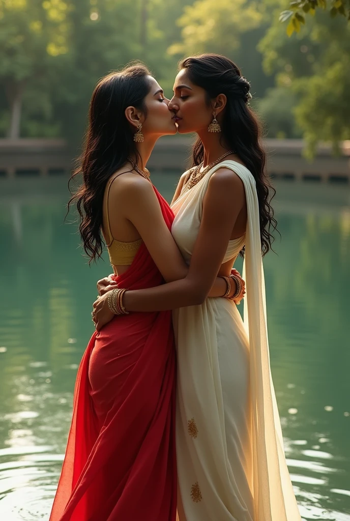 Two indian lesbian girls in traditional red and white wet dressed. Lip kissing eachother. In pond
