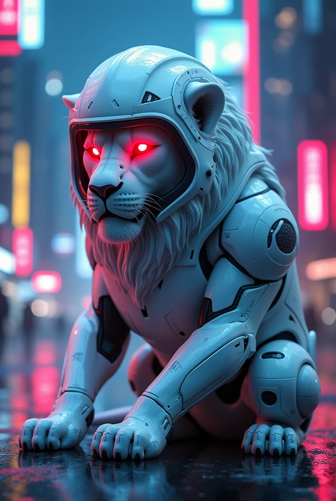 Lion in white glossy cyborg helmet and costume with red glowing eyes, sitting in cyberpunk neon city with blue and pink lights