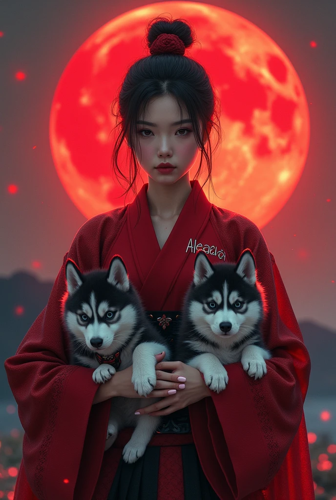 Beautiful samurai Asia girl with red black outfit while holding Husky puppies on her and the background is red moon and her name was on her left chest sign "Aleaaa" and also cover her chest properly