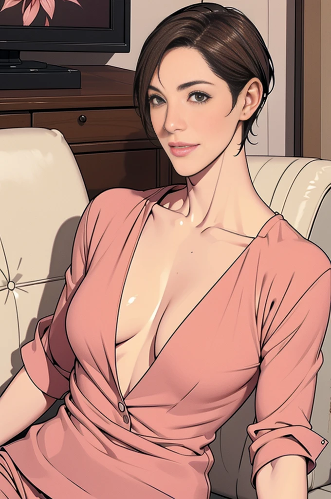 individual,Super short hair,Photorealism,detailed,masterpiece,male,Wide chin,Stubble,pajamas,Fitness,Sitting on the sofa,living room,Smile,flat chest,