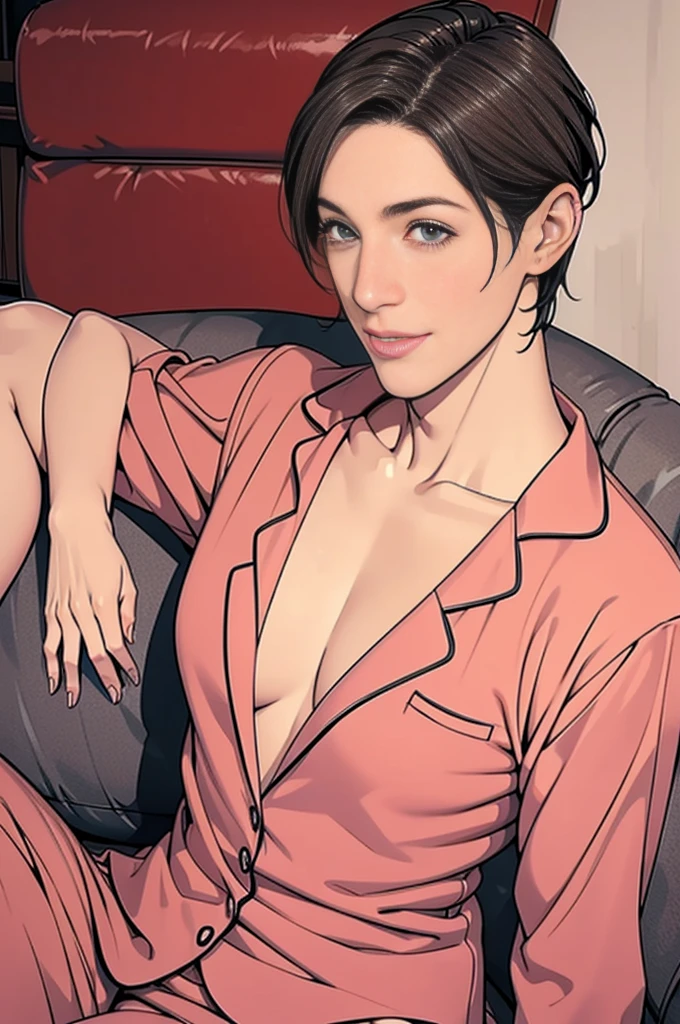 individual,Super short hair,Photorealism,detailed,masterpiece,male,Wide chin,Stubble,pajamas,Fitness,Sitting on the sofa,living room,Smile,flat chest,