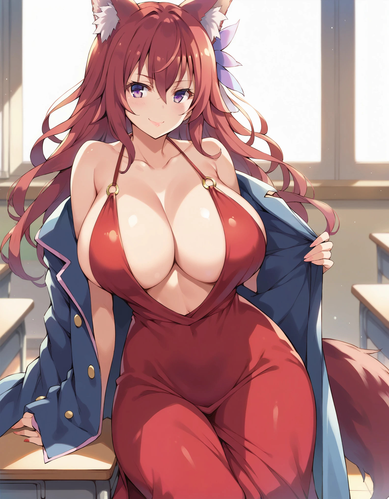 masterpiece, score_9, score_8_up, score_7_up, source_anime, extremely detailed, high quality, 1girl, solo, stephanie dola, no game no life, (huge breasts:1.1), ((((red hair), long hair, purple eyes, red wolf ears, red wolf tail))), blue lips, (((open coat, evening gown, plunging neckline))), ((naughty smile), closed mouth), ((classroom))