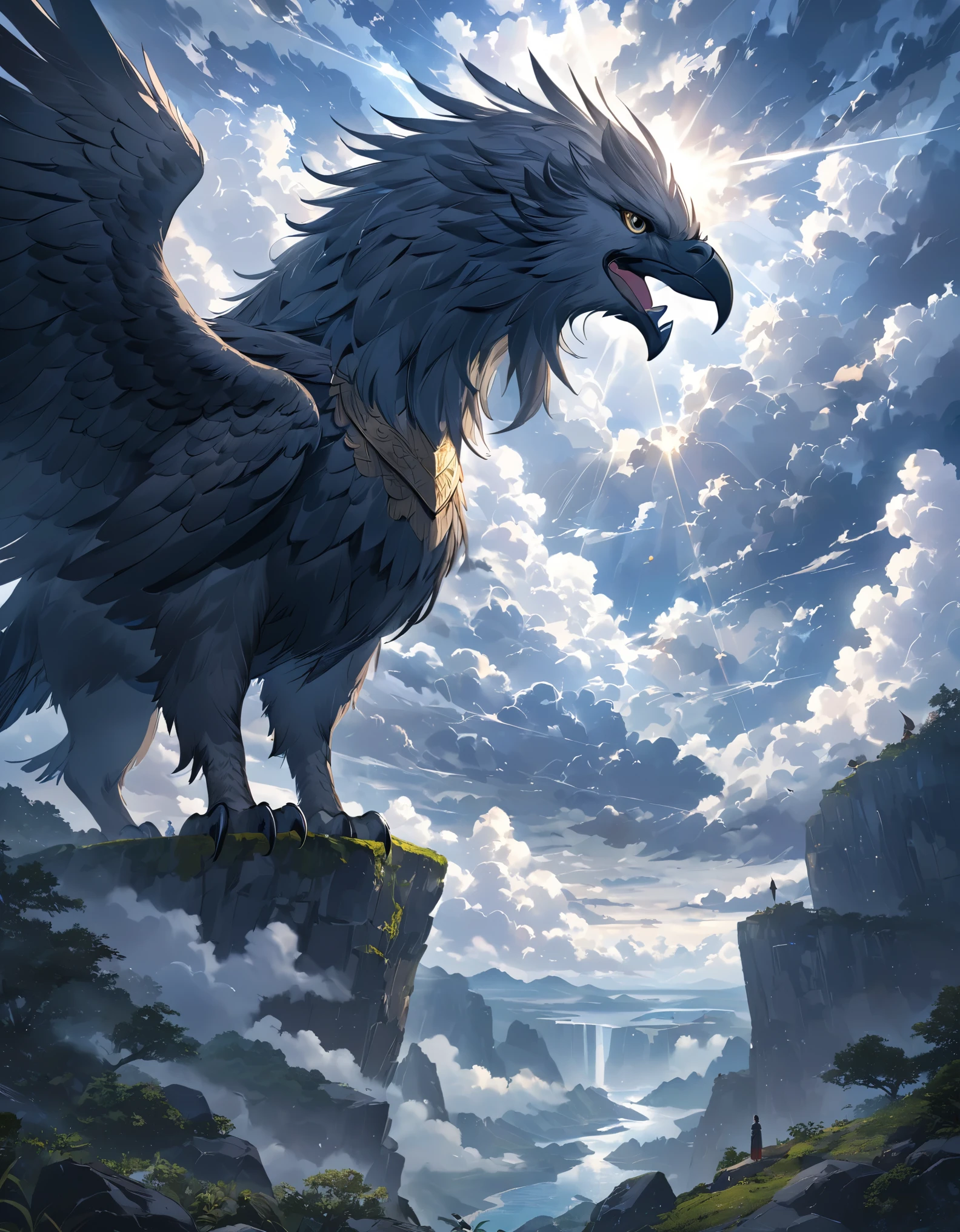 ((Amazingly absurd)),(masterpiece:1.2),超High resolution, Attention to detail, high quality, High resolution, 最high quality, 4K, 8k、Fictional Animals、((Griffon))、Standing on a cliff、The sky is overcast and covered with thick clouds.、The sunlight shines through the gaps, creating a sacred atmosphere.、Shout to the sky、Close-up