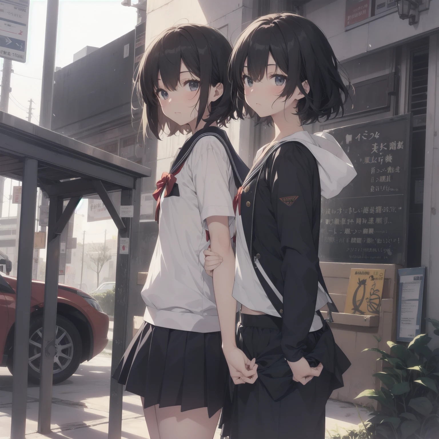 ultra-absurdres-Top quality by artist God, ultra-detailed, high resolution, anime moe artstyle, best anime 8k konachan wallpaper, pixiv contest winner, pool:2810, perfect anatomy,break, 1girl, (Please draw a girl walking sleepily to school alone. )break,(Solo,little female,15yo:1.3),Full limbs, ,a , (very short hair), short cut, flat chest, , small butt, small black eyes, beautiful detailed eyes, well-proportioned iris and pupils, expressive eyes, highres detailed hair, soft expression, salor school_uniform, sailor collar, serahuku, bow, pleated skirt,(Detailed Lighting), (Detailed background), in the School commute route. break,super detailed skin, Best cinematic lighting powered by famous artist, 8k,beauty illustration,photoshop_(medium),very aesthetic,break,((artist:takeuchi_takashi )), artist:clamp ,artist:carnelian ,artist:kantoku ,