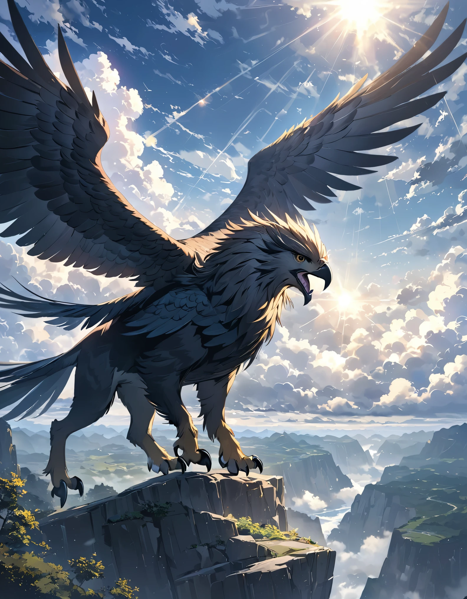 ((Amazingly absurd)),(masterpiece:1.2),超High resolution, Attention to detail, high quality, High resolution, 最high quality, 4K, 8k、Fictional Animals、((Griffon))、Standing on a cliff、The sky is overcast and covered with thick clouds.、The sunlight shines through the gaps, creating a sacred atmosphere.、Shout to the sky、Close-up