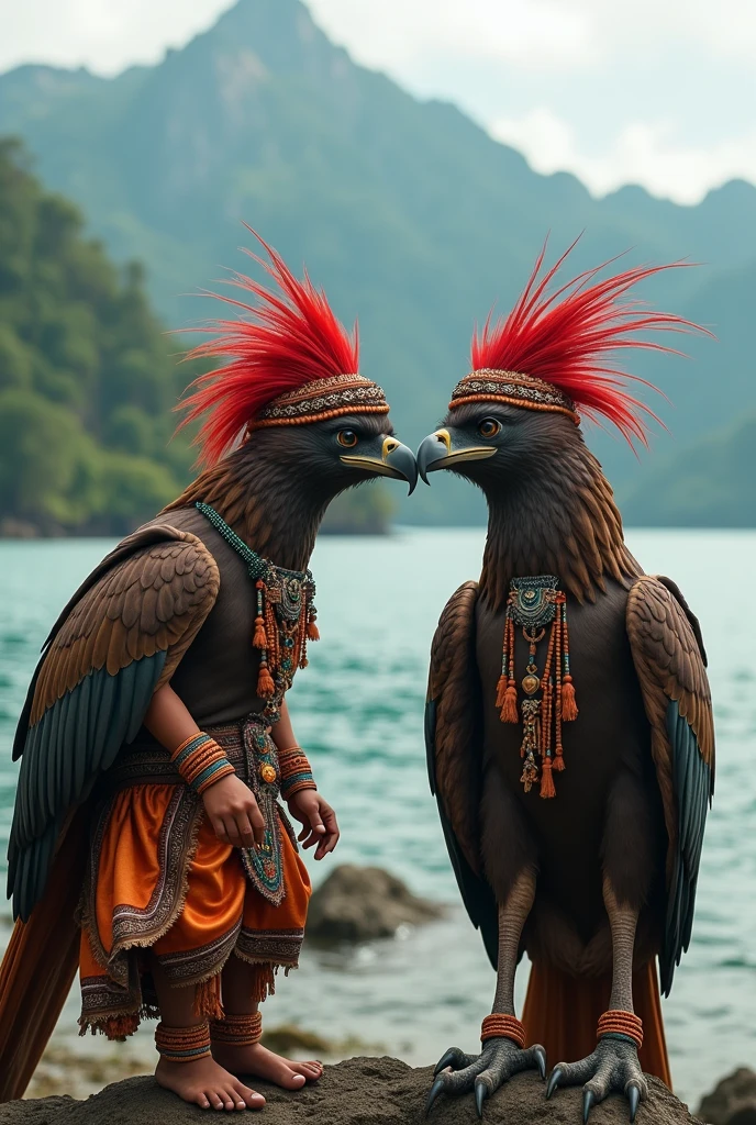 Village from ancient Ternate island, Maluku, Indonesia, beside a ocean and mountain, a young children in ancient Ternate clothing is playing with a big eagle with two heads and wear a red traditional Ternate turban, there is no peoples, hyper realistic, masterpiece, best quality, ultra-detailed, UHD, 64K