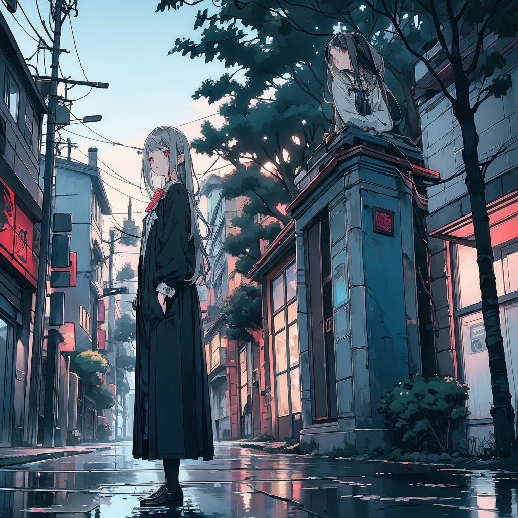 Street trees at dusk, Tense lens, The main part of the photo is the background with the puddle, Bright and fresh photos, Beautiful abstract street tree with a teenage girl character inside it. Gray hair color, Red glowing eyes, Long Hair, Mole under left eye, blue rose brooch, Gothic Fashion, surreal background, Captivating Style,