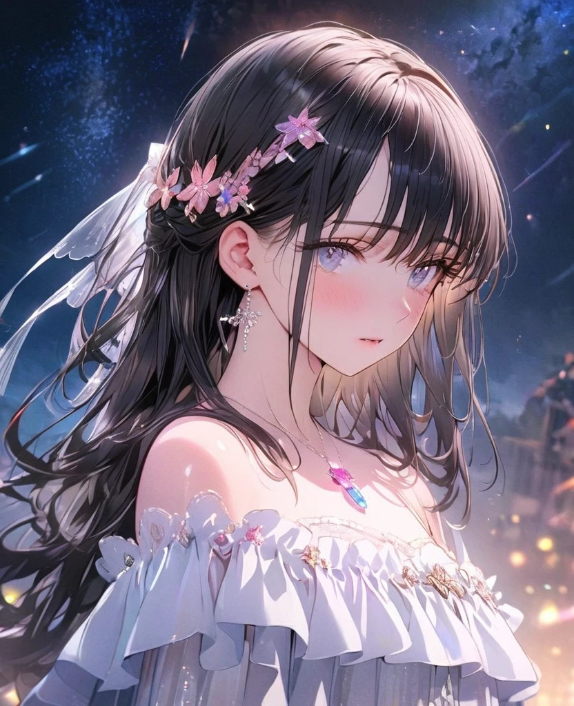 8k,Ephemeral beauty,Very delicate and beautiful,Beautiful and realistic skin,Shiny Hair,Black Hair、Long and colorful hair,Beautiful Eyes,Beautiful night sky、shy、Hair is half-up without any hair accessories、small jewel pin、No earrings、No piercing、Shy、White frilly outfit