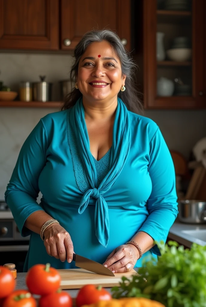 photo of Voluptuous Mature Indian Aunty, Wearing a Tight Blue Kurti and Stole tied around her neck, U Cut Cleavage exposed, Standing in Kitchen and Cutting Vegetables, Smiling.