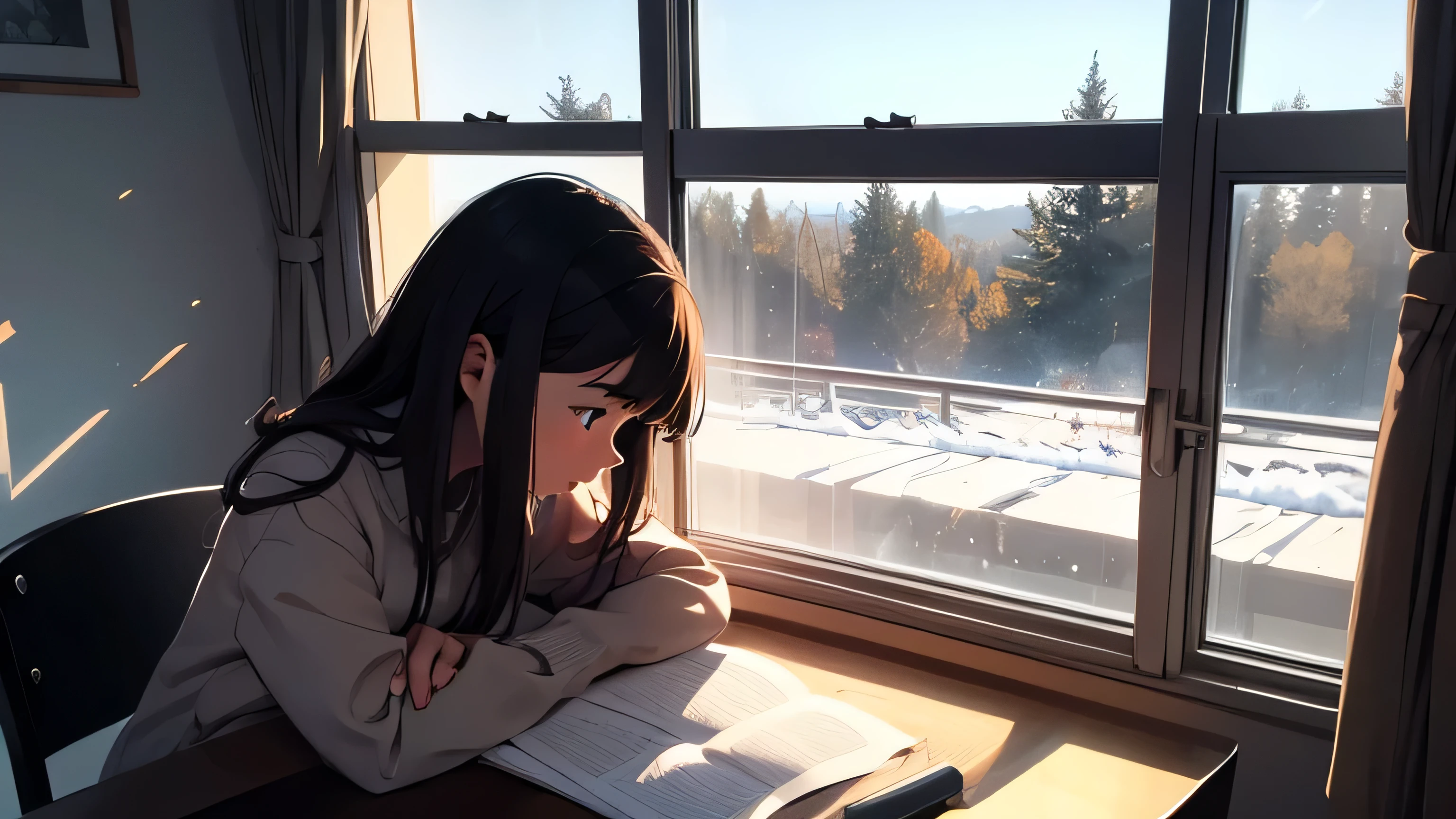 Girl studying at home, outside the window it's dark