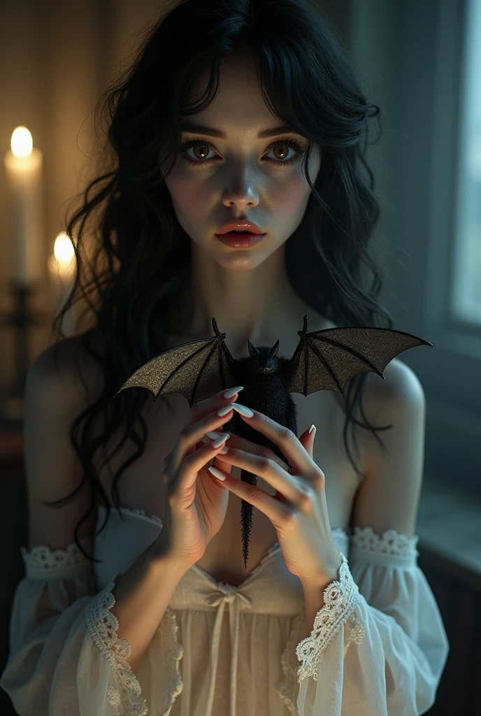 Gothic girl wearing a lace white slip dress long black hair curled brown eyes long mink lashes long claw nails that are white rose lips glitter eyeshadow highlight makeup glossy candles in the background holding a bat
