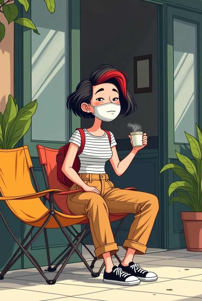 This is a cartoon illustration depicting a grown woman with short hair that is both black and red. She is basking in the afternoon sun while wearing a white mask. She holds coffee in her hand, and is dressed in work pants, a black striped T-shirt, and black Converse canvas shoes. The background shows outdoor camping chairs at the entrance of a coffee shop, with some green plants surrounding it and people seated on the chairs. This scene is depicted with simple lines and flat colors, without shadows, emphasizing facial features.