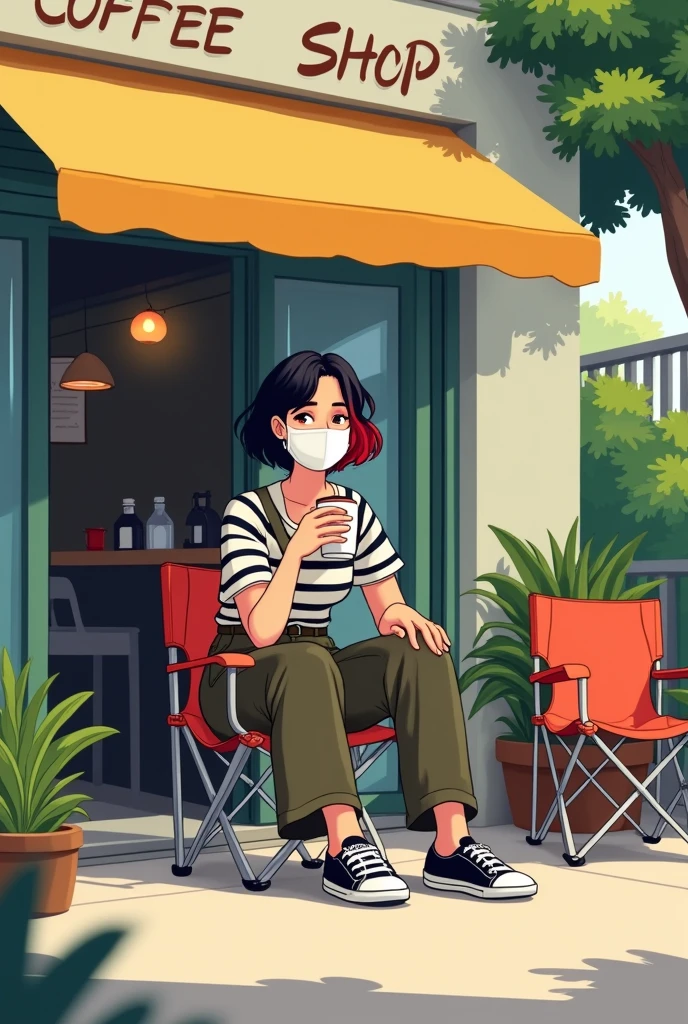 This is a cartoon illustration depicting a grown woman with short hair that is both black and red. She is basking in the afternoon sun while wearing a white mask. She holds coffee in her hand, and is dressed in work pants, a black striped T-shirt, and black Converse canvas shoes. The background shows outdoor camping chairs at the entrance of a coffee shop, with some green plants surrounding it and people seated on the chairs. This scene is depicted with simple lines and flat colors, without shadows, emphasizing facial features.