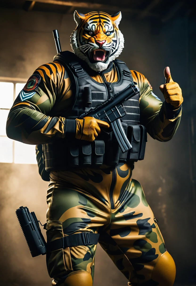 (a dark-skinned bearded fat muscular old man in a skintight army camouflage zipper diver suit) holding a gun, (wearing a small-sized realistic roaring tiger mask), dynamic action pose, fierce expression, showcasing an imposing stature, surrounded by military elements, dramatic shadows and intense highlights, cinematic color tones, high detail, powerful, art influenced by Bruce Onobrakpeya and Stanley Artgerm, ultra-detailed, best quality image, action-packed atmosphere. thumbs up pose