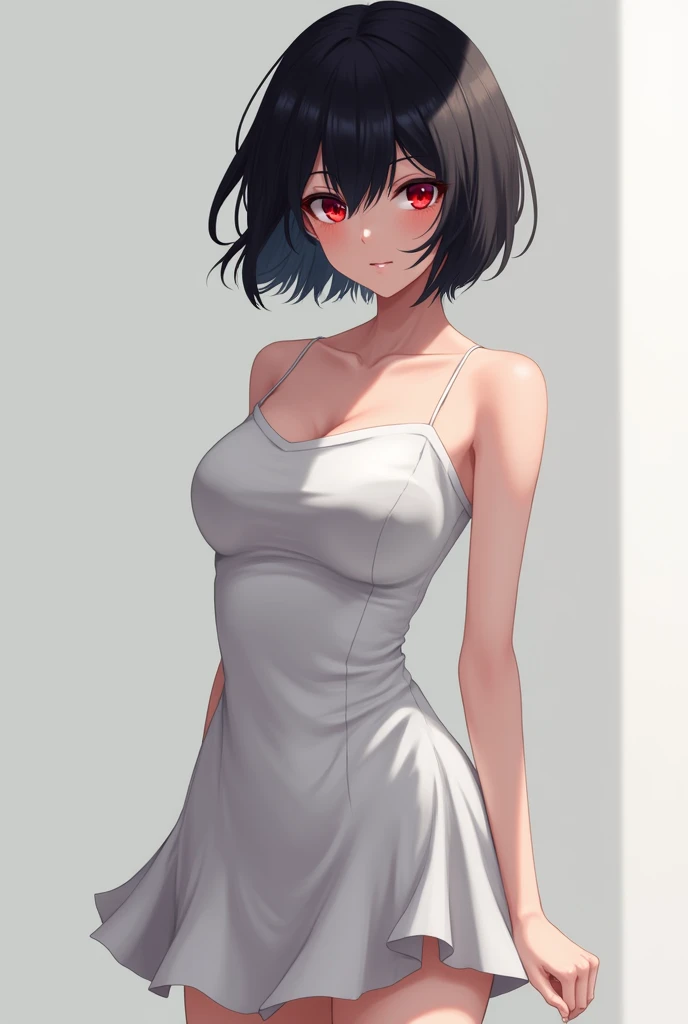 Anime girl with short black hair and red eyes with sharp features in a short white dress and
