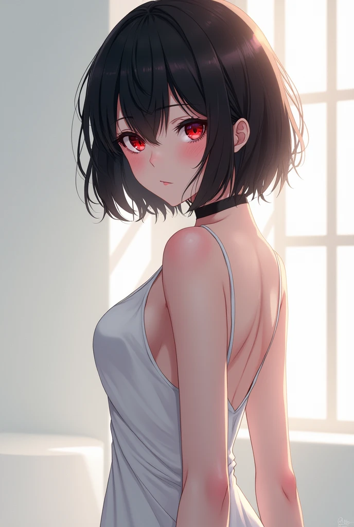 
masterpiece, Score_9, Score_8_up, Score_7_up, rear view, 1 woman, alone, dark black hair, very short hair, long parted bangs, gold and orange eyes, half-closed eyes, parted lips, expressionless, pale skin, large breasts, top body, black Nightgown with transparent V-neck, long open bangs, with a mole under the mouth, cut style (boy), No bangs.
