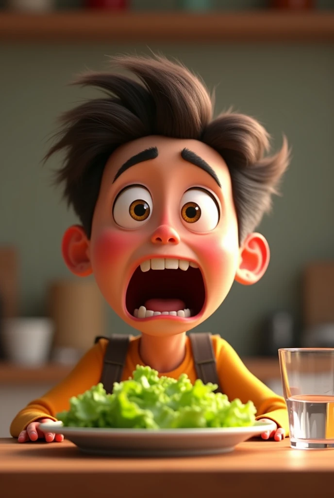 Max, a young and enthusiastic character, sitting at a kitchen table with a plate of lettuce and a glass of water, looking disgusted after eating a bite of lettuce, his face showing extreme dislike, and then fainting dramatically, close-up shot, Stylized 3D Animation, hyper-realistic, photo realism, cinematography."Pixar-style 