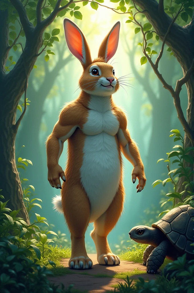 Describe the transformation the rabbit undergoes after drinking the water.
What lesson does the rabbit learn from the turtle about true strength?
Write about the rabbit’s journey back through the jungle after gaining strength.