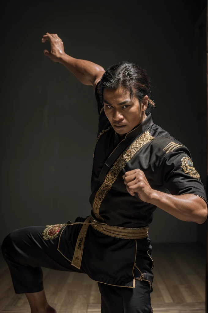 (best quality,4k,8k,highres,masterpiece:1.2),ultra-detailed,(realistic,photorealistic,photo-realistic:1.37),Pencak Silat martial arts, man in traditional Indonesian fighting uniform, performing dynamic combat moves, intricate detailing, powerful poses, intense focus, dramatic lighting, muted color palette, atmospheric background PSHT