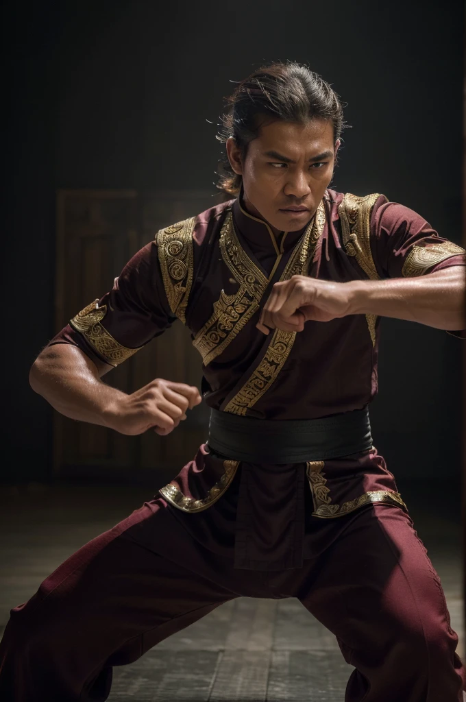 (best quality,4k,8k,highres,masterpiece:1.2),ultra-detailed,(realistic,photorealistic,photo-realistic:1.37),Pencak Silat martial arts, man in traditional Indonesian fighting uniform, performing dynamic combat moves, intricate detailing, powerful poses, intense focus, dramatic lighting, muted color palette, atmospheric background PSHT