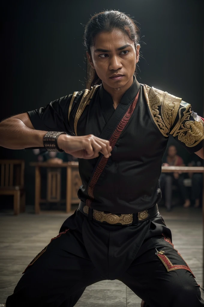 (best quality,4k,8k,highres,masterpiece:1.2),ultra-detailed,(realistic,photorealistic,photo-realistic:1.37),Pencak Silat martial arts, man in traditional Indonesian fighting uniform, performing dynamic combat moves, intricate detailing, powerful poses, intense focus, dramatic lighting, muted color palette, atmospheric background PSHT