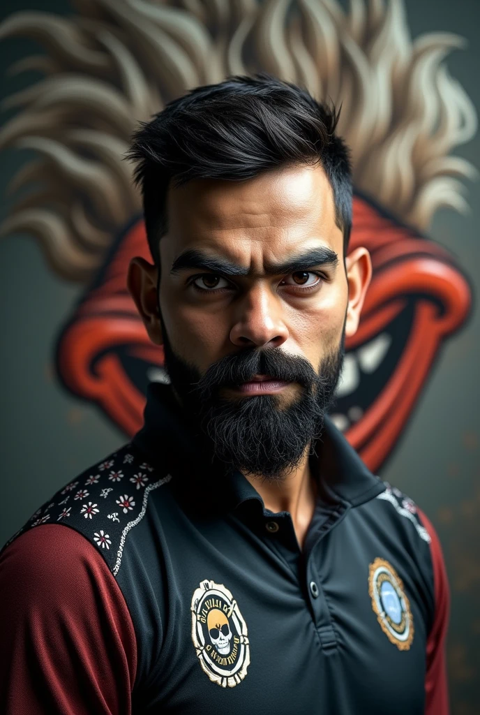 Virat kholi photo made and in background his trools picture