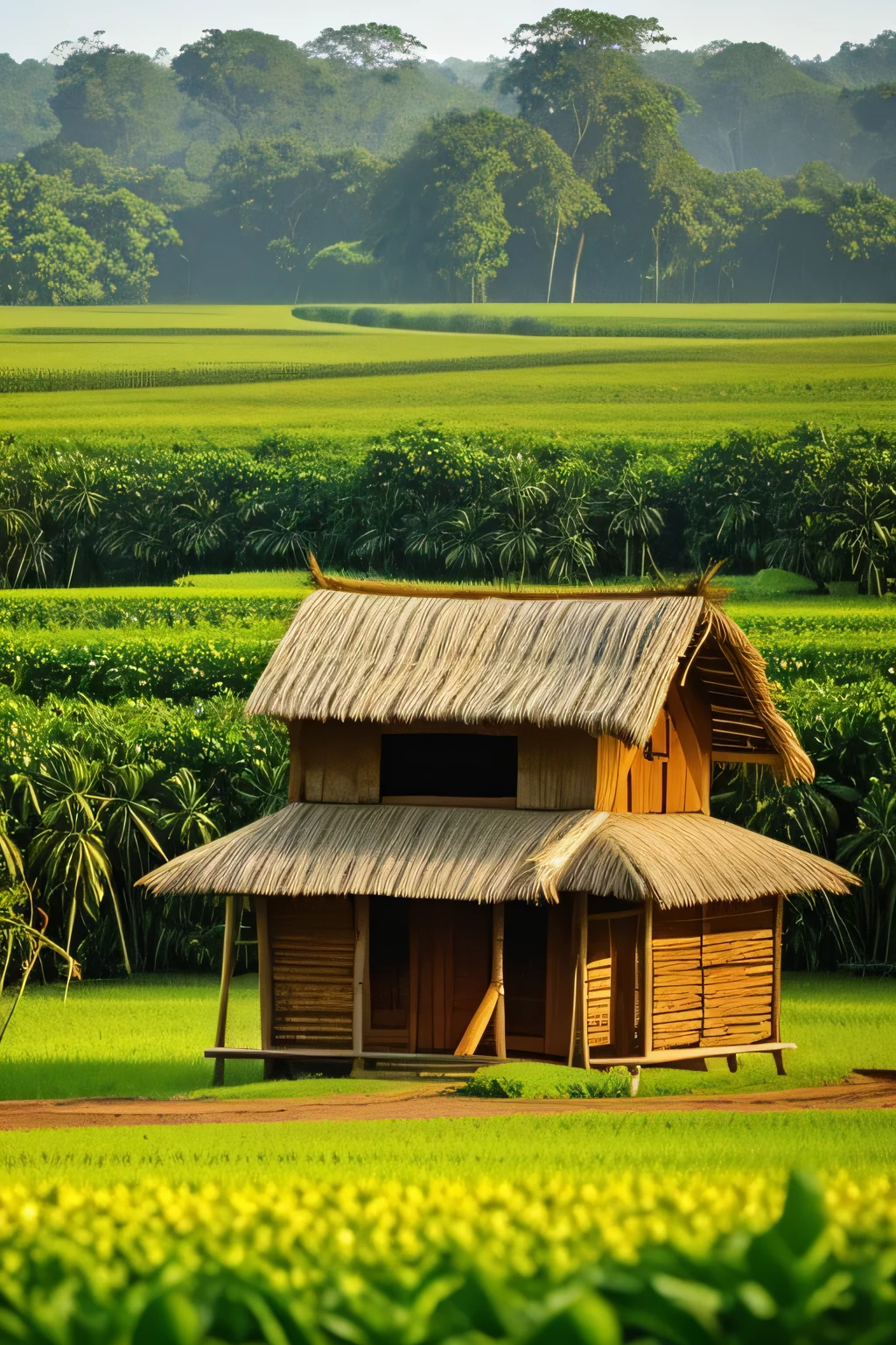 3D naturalistic photo, a hut in the middle of a plantation ,seorang kakek orang indonesia ,this stood up and walked to the middle of the field