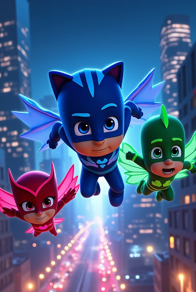 pj masks in the city with buildings lit up at night flying
