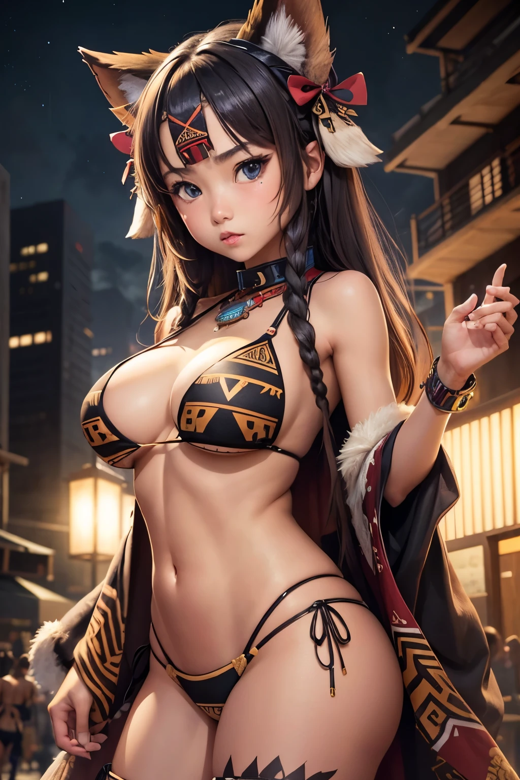 One girl, High resolution, chest, 大きなchest, Animal Ears, Surprised、Tribal style clothing、Tribal decor、bikini、Night City