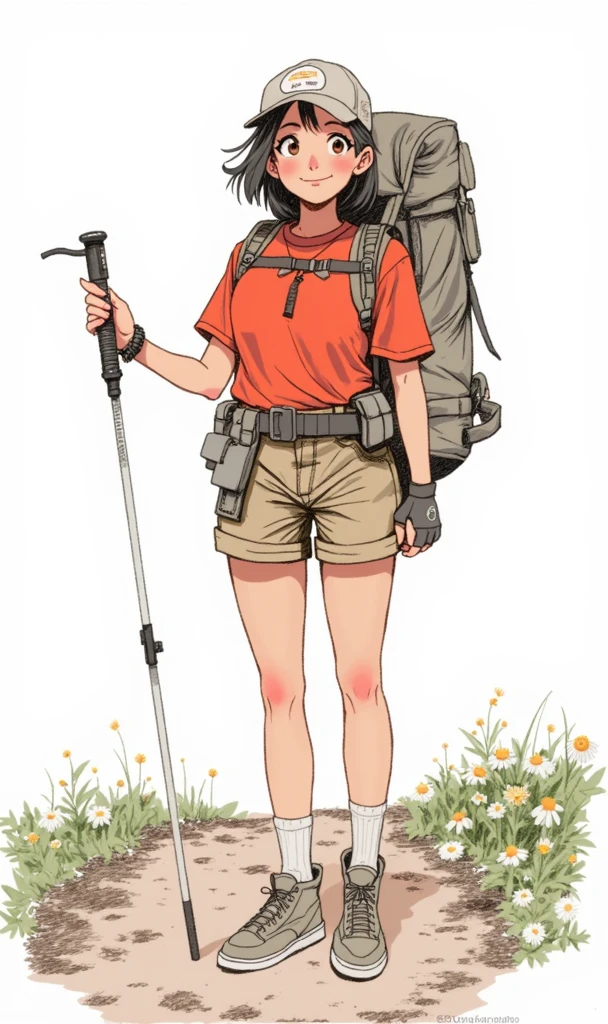 This is a cartoon illustration depicting a grown woman with short hair that is both black and red. She is basking in the afternoon sun while wearing a white mask. She holds coffee in her hand, and is dressed in work pants, a black striped T-shirt, and black Converse canvas shoes. The background shows outdoor camping chairs at the entrance of a coffee shop, with some green plants surrounding it and people seated on the chairs. This scene is depicted with simple lines and flat colors, without shadows, emphasizing facial features.