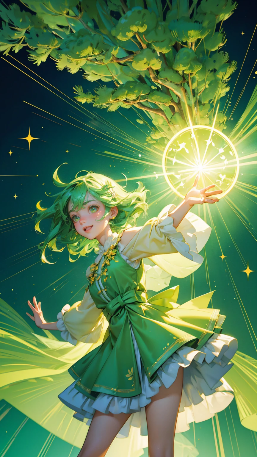 A beautiful, cute girl with vibrant green hair styled in playful waves, dressed in a fluffy green outfit that resembles soft moss or fur. She stands joyfully with her arms raised in a dynamic pose, surrounded by an explosion of green-themed elements like trees, plants, and 3D financial symbols floating in the air. The background is filled with various shades of green, including flying dollar bills, bar graphs, pie charts, and whimsical pine trees. Light beams and sparkles radiate outward from her, creating an energetic and lively atmosphere that highlights growth, abundance, and positivity. The scene is vibrant, with the character fully visible in a zoomed-out view, capturing her excitement and the lush green surroundings."







