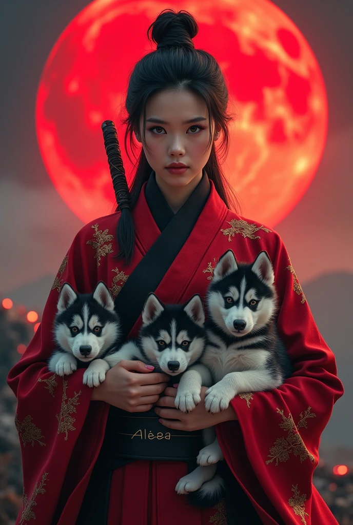 Beautiful samurai Asia girl with red black outfit while holding Husky puppies on her and the background is red moon and her name was on her left chest sign "Aleaaa"