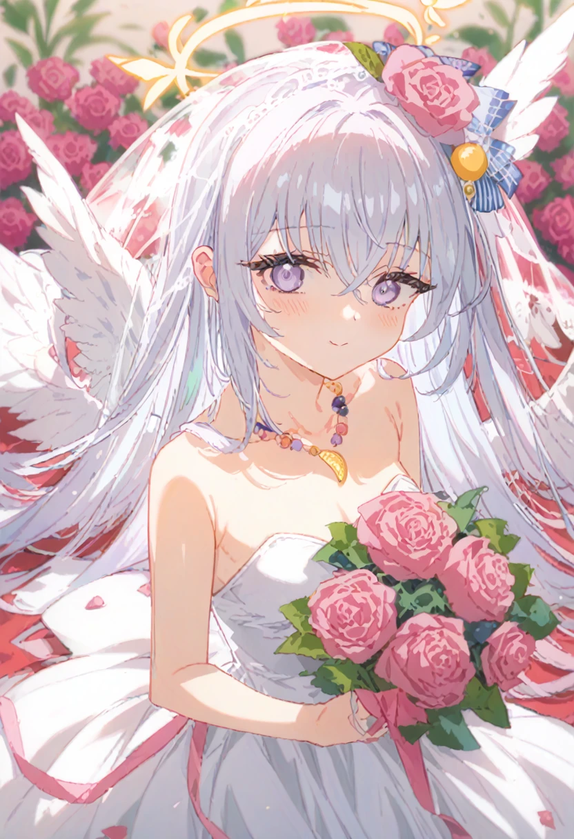 azusa \(blue archive\),1girl  alternate_costume angel_wings bare_shoulders blush bouquet breasts bridal_veil bride cleavage closed_mouth collarbone dress feathered_wings flower hair_between_eyes halo holding holding_bouquet jewelry long_hair looking_at_viewer medium_breasts necklace out_of_frame pink_flower pink_rose pov pov_hands purple_eyes rose solo_focus strapless strapless_dress veil very_long_hair wedding_dress white_dress white_flower white_hair white_rose white_wings wings small_breasts smile
masterpiece, best quality