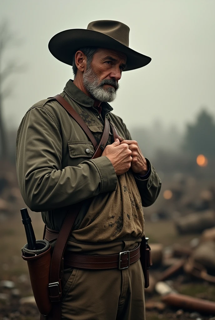 A Civil War era American soldier holds on to his dirty shirt with care