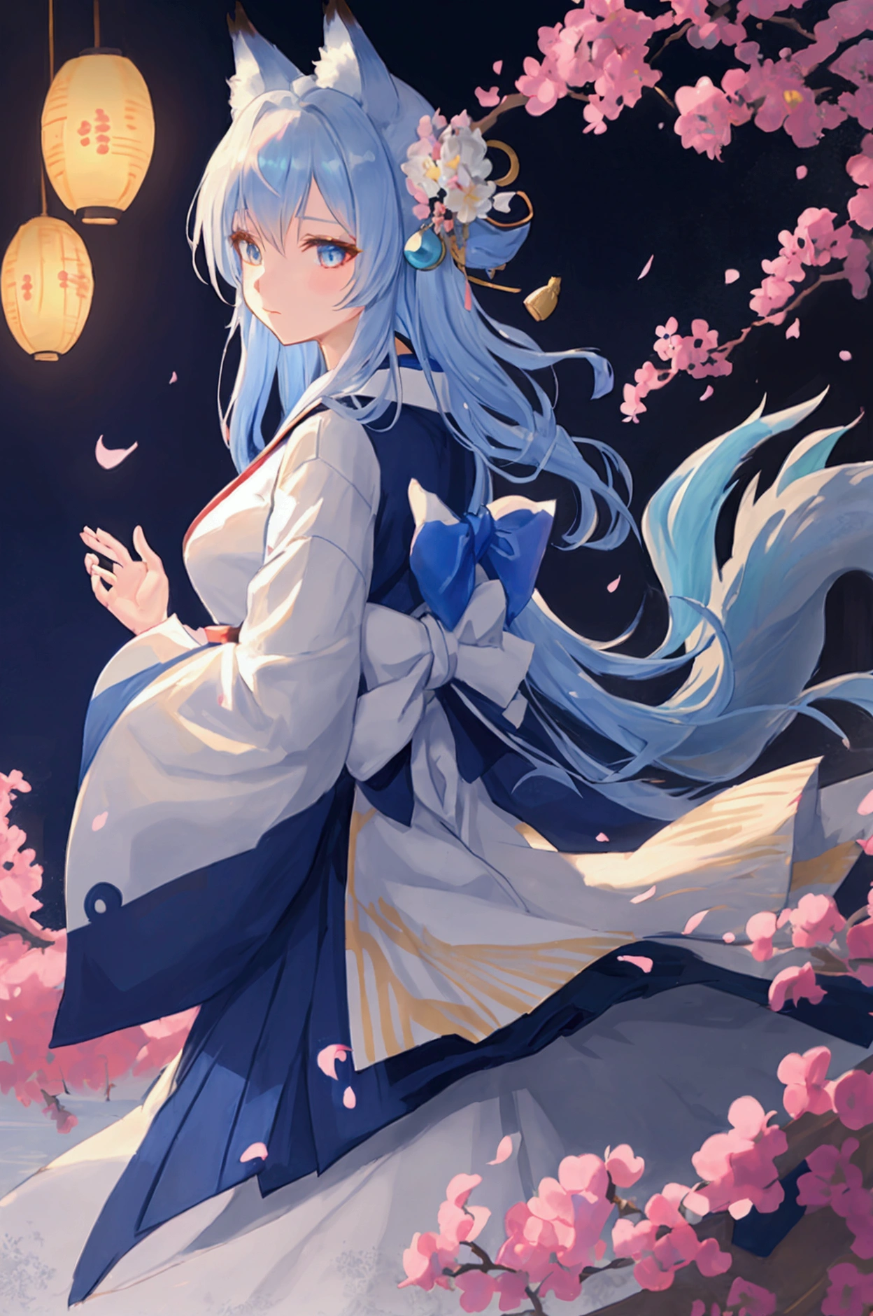 fox Light blue hair beast girl indigo fur fox beast girl fox Light blue hair beast girl indigo fur fox beast girl Wallpaper 4k,8k,highly detailled,,vivid colors,detailed kitsune with 9 tails,traditional Japanese artwork,tatami floor,beautiful cherry blossoms,floating lanterns,dark silhouette of a pagoda,subtle moonlight,dense forest,ethereal atmosphere,dappled sunlight,whimsical spirit,serene expression,elaborate kimono and obi,delicate hand-painted details,luminous eyes Anime Style fox blue White-faced golden-haired nine-tailed fox Coat blue mysterious background Blue Flame girl have a ball of light Anime Style fox blue White-faced golden-haired nine-tailed fox Coat blue mysterious background Blue Flame girl have a ball of light
