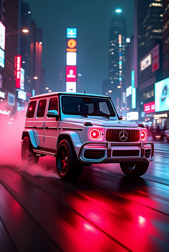 White mersedes benz g63 with red neon lights drifting in night city around the peoples