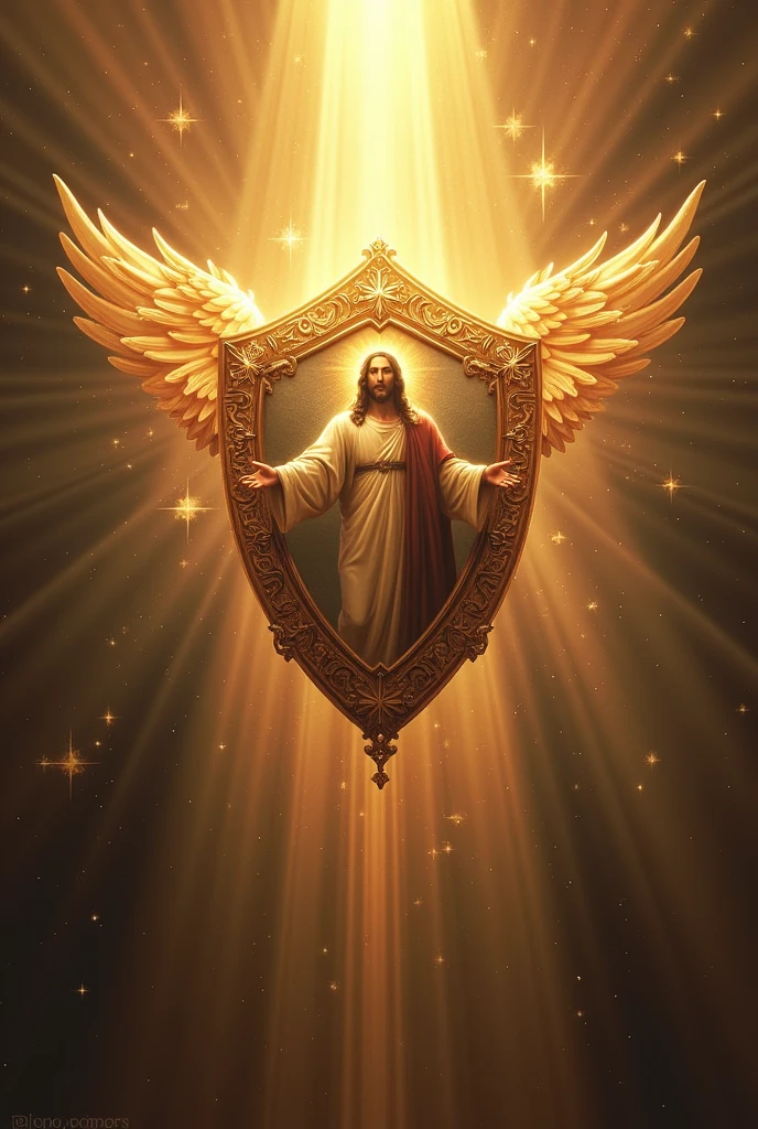 create a shield for my tik tok profile with the theme, on the shield I want an image of Jesus and a heavenly warrior, make it 1x1 size to fit the profile