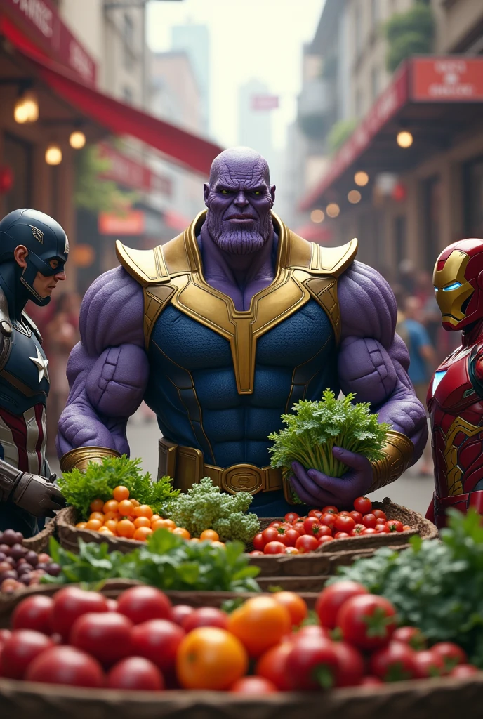 Thanos selling vegetable with Avengers team