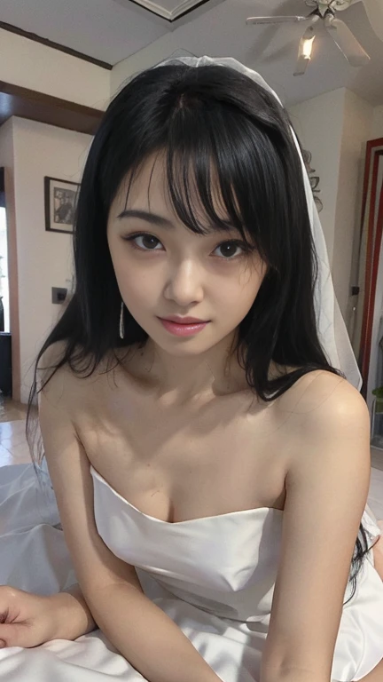 Masterpiece、highest quality、Woman 1、Small and perky breasts、Super detailed、Top view、Gravure idol、Black Hair、Straight Hair、Light bangs、Wedding dress、White Veil Lying on white sheets、Lie on your back、Gravure pose、Sexy Pose、White sheets background