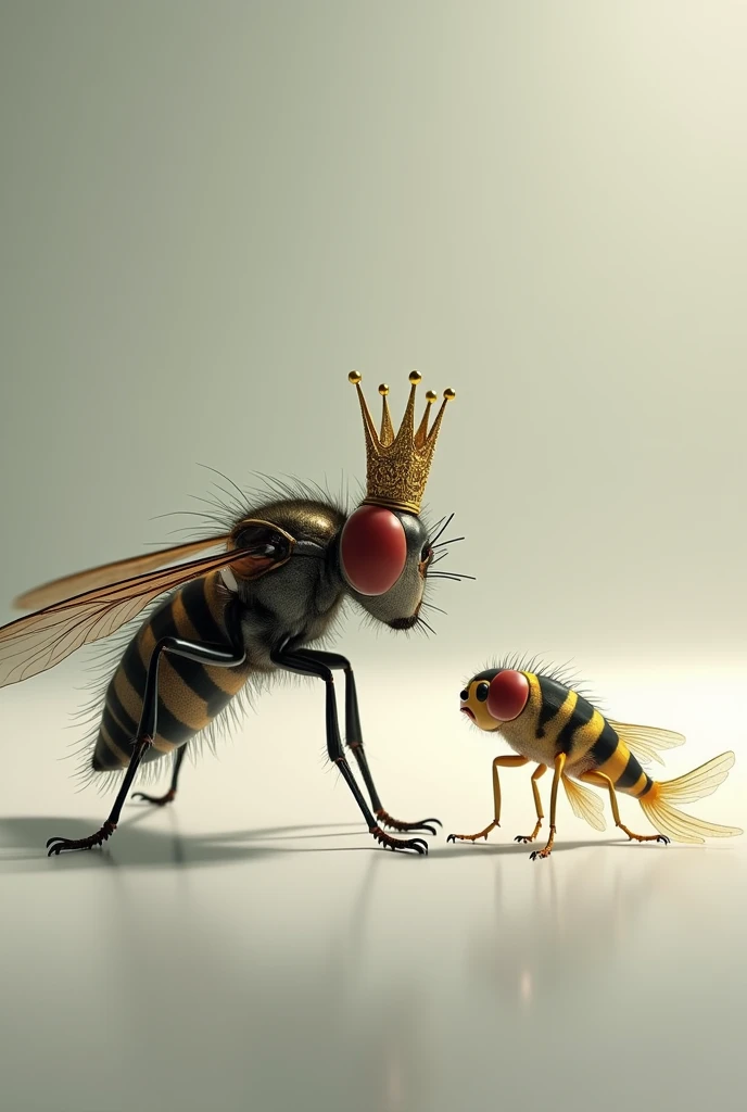 Could you generate me an image of Drosophila melanogaster with a crown like that? "queen of genetics and development" I am a Zebrafish (Danio rerio) bowing to Drosophila? This would represent the zebrafish collecting the "relief" of Drosophila to continue answering questions in developmental biology.
Corrections:
That the zebrafish is the same size as Drosophila.
That the crown is located on the head of the Drosophila and is proportional to the size of the head.
Zebrafish has NO legs.