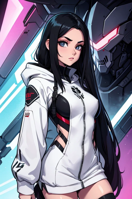 Age 22, White skin girl, , Bblack hair, extremely long hair, , sweatshirt clothes, futuristic armor, Female One, short preto, blackstockings, Women'black sneakers, Bblack hair, hair between the eyes, Bblack hair, cloused mouth, range, cabelo bagunçado Bblack hair cabelo extremamente longos olhos cinzas