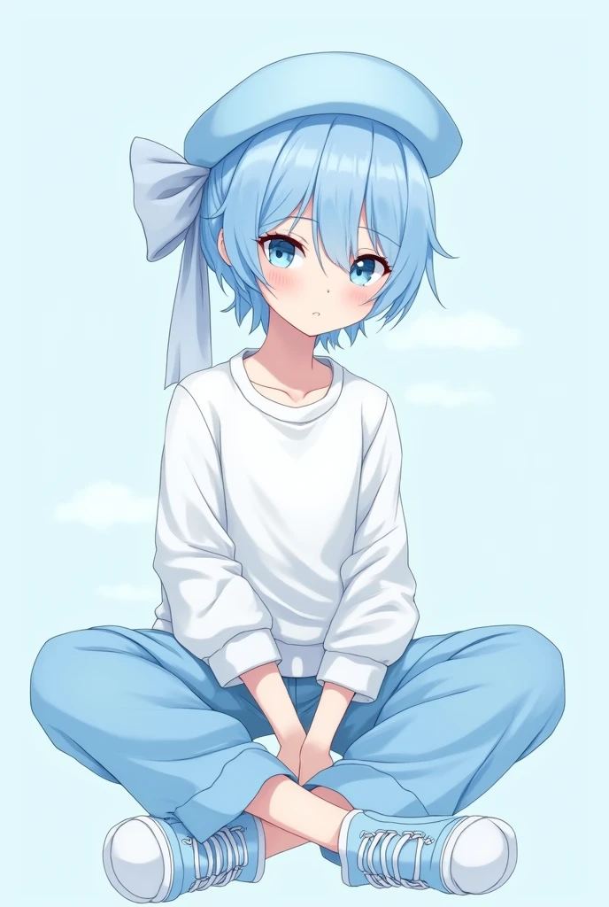 Male anime character with light blue hair, Light blue hat with ribbon on the back, White shirt and light blue sweatshirt, Light blue pants and light blue shoes, Sitting cross-legged pose, And a light blue background.