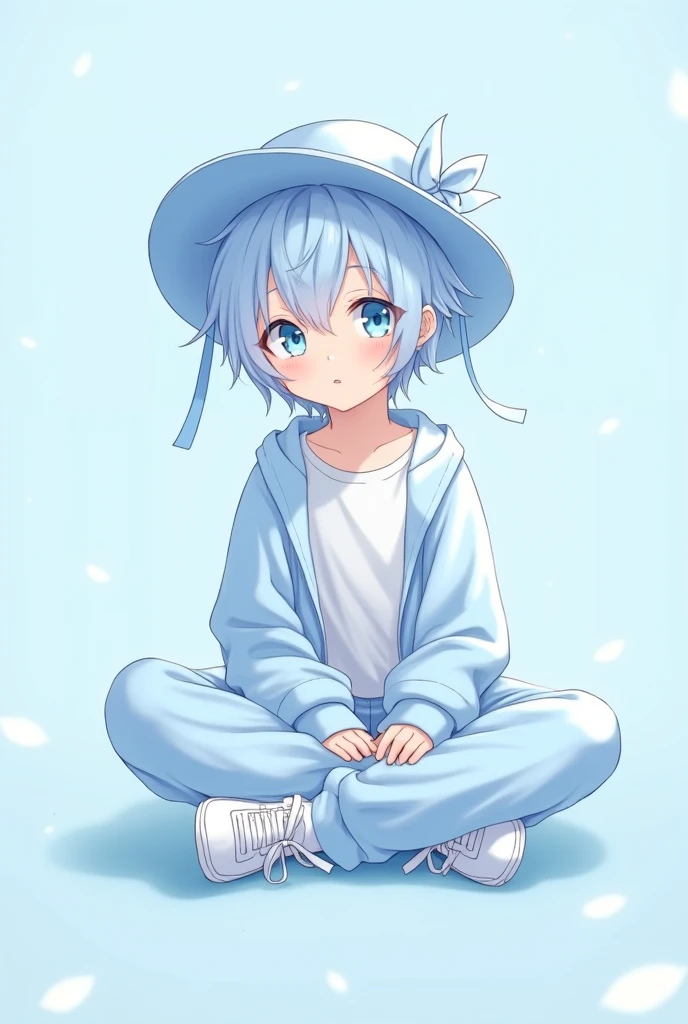 Male anime character with light blue hair, Light blue hat with ribbon on the back, White shirt and light blue sweatshirt, Light blue pants and light blue shoes, Sitting cross-legged pose, And a light blue background.