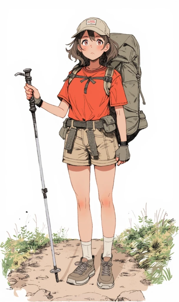 This is a cartoon illustration depicting a grown woman with short hair that is both black and red. She is basking in the afternoon sun while wearing a white mask. She holds coffee in her hand, and is dressed in work pants, a black striped T-shirt, and black Converse canvas shoes. The background shows outdoor camping chairs at the entrance of a coffee shop, with some green plants surrounding it and people seated on the chairs. This scene is depicted with simple lines and flat colors, without shadows, emphasizing facial features.