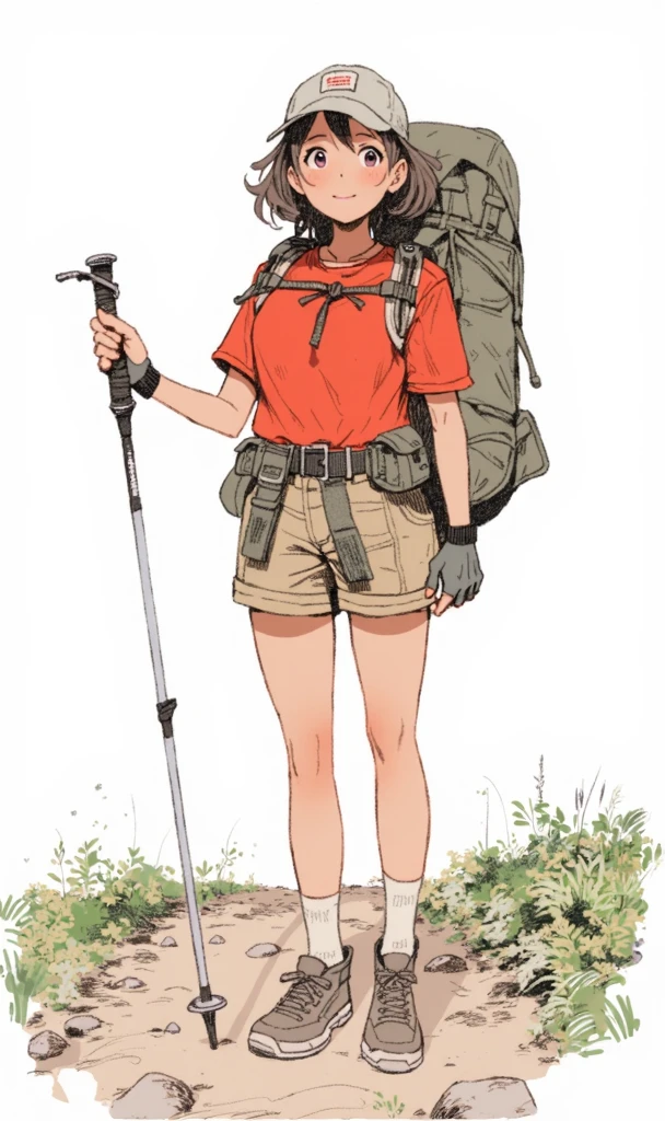 This is a cartoon illustration depicting a grown woman with short hair that is both black and red. She is basking in the afternoon sun while wearing a white mask. She holds coffee in her hand, and is dressed in work pants, a black striped T-shirt, and black Converse canvas shoes. The background shows outdoor camping chairs at the entrance of a coffee shop, with some green plants surrounding it and people seated on the chairs. This scene is depicted with simple lines and flat colors, without shadows, emphasizing facial features.