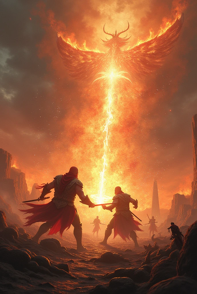 Kingdown of immortals in flames, bloody battle, bodies on the ground