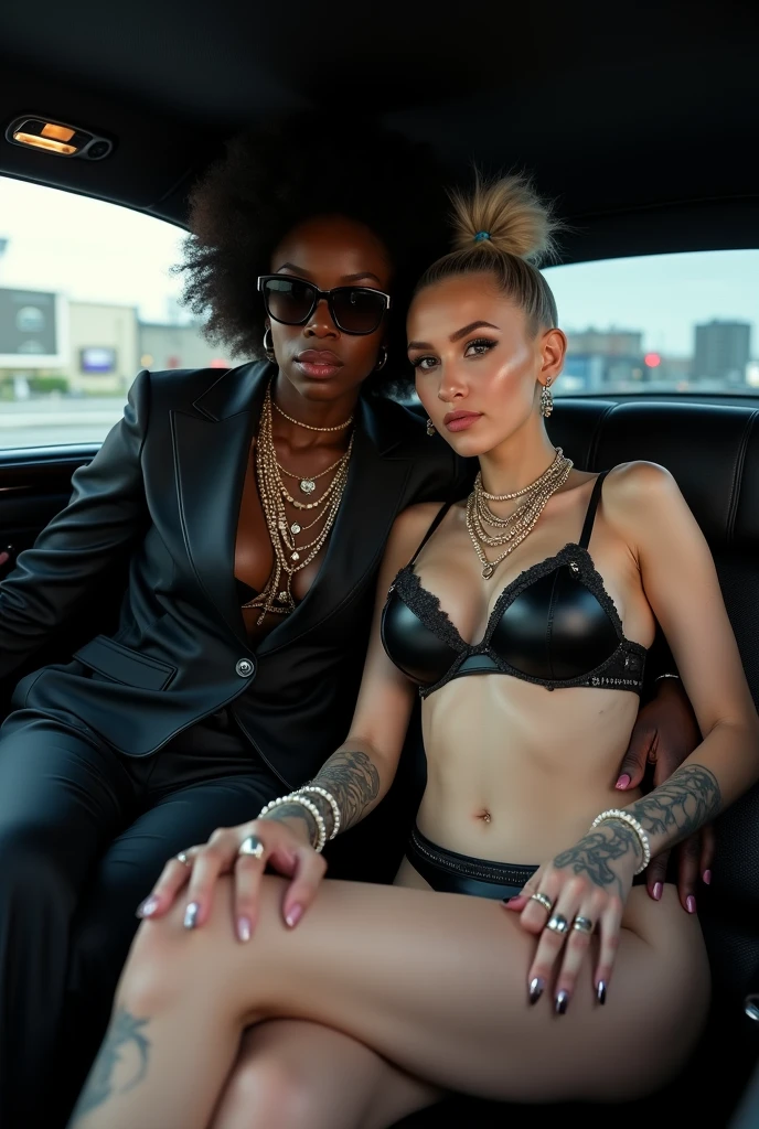 Two russian old milf women: the dominant aggressive dark skinned black woman in business pinstripe suit (jacket and trousers), long nails and afro hair, sitting on the center of the back seat of a limousine with possessive stance (arms around her girlfriends' shoulders squishing her tightly, groping the body of the white woman with her other hand, like a predator on her prey). Next to her, her white rich drunk girlfriend leaning over her (very pale: pale face, pale neck, pale chest, pale arms, pale hands, pale stomach, pale leg), white woman stretches her neck, looks overwhelmed by her girlfriend. white woman is shy and submissive, feeling dizzy and needy, seduced, in laid back posture spreading her leg with hands on her neck and bra, chin up stretching her neck, arched back, wide open legs. White woman dresses in rock chic style: Black shiny studded thong with white seams, grey hair (messy straight hair, middle part) and oversized square sunglasses as headband. Big lips. Black studded lace push up bra, silicone breasts. Barefoot.. Lots of thick wide studded bracelets in the wrists of the white woman, big pearl necklaces around the necks of the white woman, and big rings, Pearl earrings. Loose chins and around the hips of the white woman. White woman is lazy, leaning back and forward, and arching down her back.. The white woman is densely tattooed on neck, chest, arms, stomach, legs, wrists and feet. White woman havs well Toned abdominals, thin neck, slim legs and thin arms. Narrow hips. The body of the white woman is twisted in a lazy posture. Full body. On the sofa of an expensive loft of NYC. Good illumination