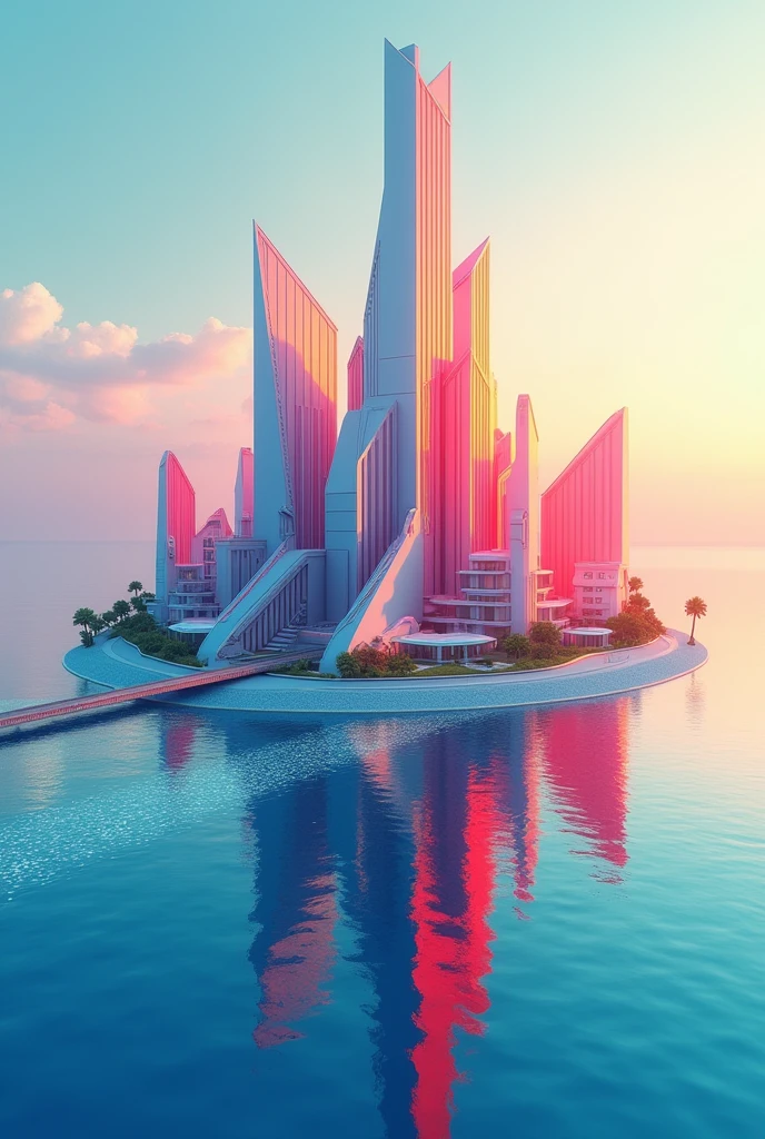 Frutiger aero style pic, frutiger aero styled city on island in the wat