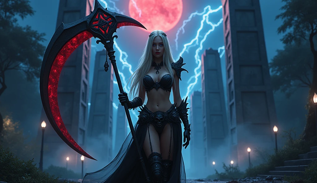 In this masterpiece, a stunning (Clara Morgane in sexy reaper cosplay:1.3), stands at the center of the frame, radiating an aura of mystique and beauty. The ultra-detailed 4K image presents her in front of a (black mana vortex:1.3) framed by the (huge gates of the realm of the dead:1.3), in the center of a necropolis surrounded by a dark jungle. The pitch-black night is lit by a few blue lightning bolts and a blood-red moon. The volumetric lighting casts a warm glow on her porcelain skin, accentuating the intricate details of her (sexy Armor of death). Her straight blonde hair is gorgeous, framing her charming smile and captivating cleavage. The mesmerizing atmosphere is punctuated by (blue thunderstorms and lightning) in the surreal dark sky, as if the heavens themselves are summoning her presence. The composition masterfully balances depth and complexity, drawing the viewer's eye to the perfect body, with its impeccable anatomy and tantalizing pose. (Charming smile), (Beautiful Big tits:1.3), (Finely crafted black tiara), She holds a huge scythe covered in blood red runes in her hand. (Photorealistic), (Dark theme). (Beautiful naked navel:1.5). Her high-quality sexy armor, composed of a (black bikini) and (pieces decorated with skulls), (blue eyes), (blond hair)